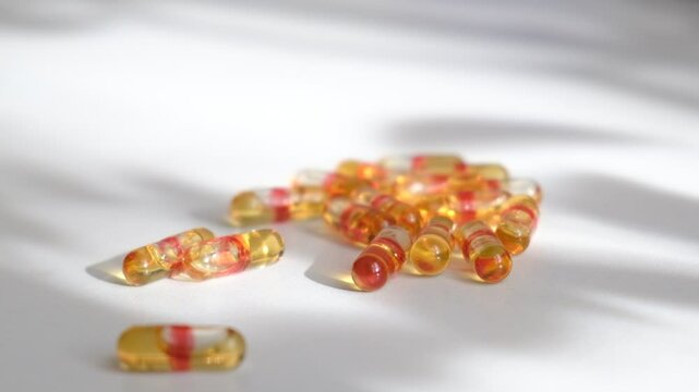 Pile of capsules Omega 3 on white background. Fish and red krill oil soft gel capsules. Nutritional supplement	