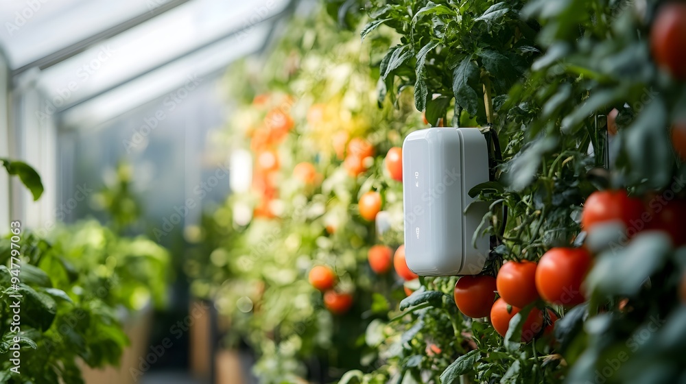 Poster photograph showcasing a modern smart greenhouse equipped with iot sensors for precise monitoring and