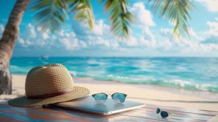 Coastal Commute Laptop Sunglasses and Sunhat on a Beach Workspace with Ocean View WorkLife Balance Concept