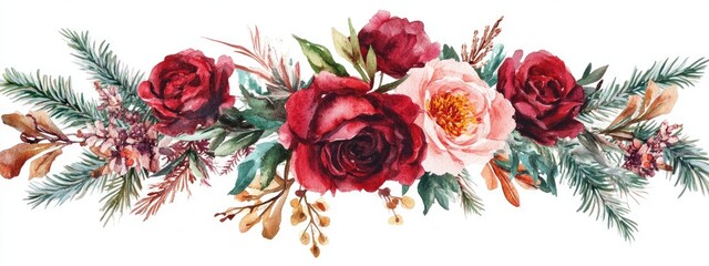 Watercolor illustration of a romantic bouquet featuring red roses and peonies designed for bridal wedding invitations A seasonal wreath composed of pink flowers alongside pine and fir branches