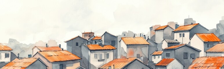 Watercolor illustration of rooftops and cityscapes
