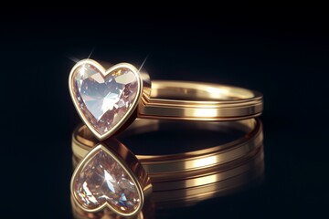 diamond ring placed on shiny black glass surface. Heart shape diamond ring design