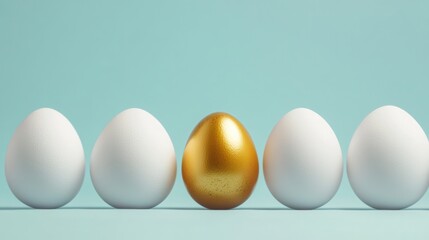 Several eggs with white shells next to each other, a golden egg in the center, light blue background, leadership concept, 16:9