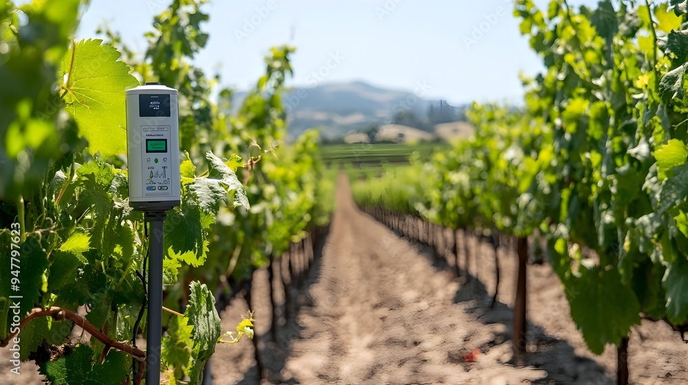 Poster cutting edge iot sensors installed in a vineyard continuously monitoring and collecting crucial data