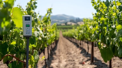 Cutting edge IoT sensors installed in a vineyard continuously monitoring and collecting crucial data on moisture and temperature levels to enable precision driven sustainable agriculture practices