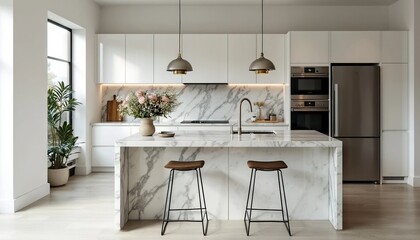 Fototapeta premium Modern Minimalist Kitchen with Marble Countertops