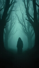 Spooky Halloween hooded person with spooky hazy landscape background