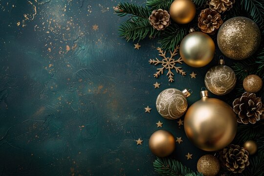 Elegant Christmas background with gold and silver ornaments on a dark green backdrop