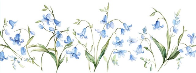 Watercolor illustration of bluebell flowers on a white background featuring hand drawn botanical elements