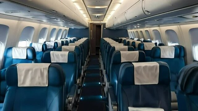 Empty Airplane Seats with White Headrests and Pillows