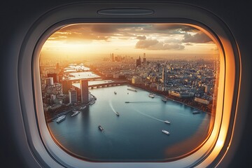 Naklejka premium Traveling around the world by airplane concept showing tourist attractions at the window