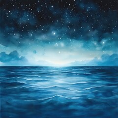 Fototapeta premium A mystical night sky bursting with twinkling stars above a tranquil, watercolor ocean, blending seamlessly into a dreamy horizon