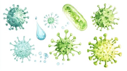 Watercolor illustration of flu bacteria HPV virus jade bacteria character and microscopic water droplet alongside lime T cells and a white microscopic view featuring cancer T cells and viral vaccin