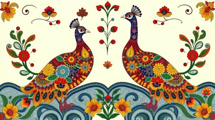 Fototapeta premium Pattern with peacock, Abstract painting, peacock pattern, flower ornament pattern.seamless pattern with peacock and flowers