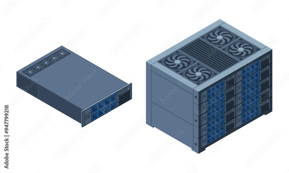 Poster isometric server. server racks. server boxes isolated. network server room. computer network technol