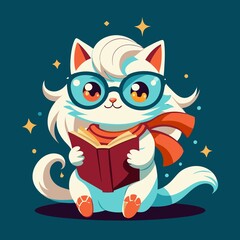 white smart cat with glasses reading a book