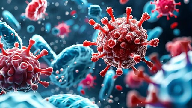 close-up of bacteria and viruses under a microscope, Microscopic view of viruses and cells in a vibrant blue background.  