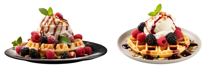 Delicious waffles topped with fresh berries, ice cream, and chocolate drizzle, perfect for dessert lovers and brunch enthusiasts.