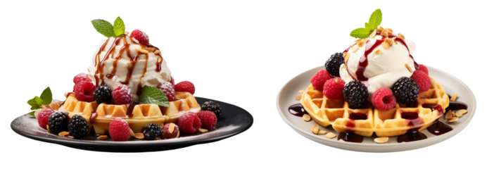 Delicious waffles topped with fresh berries, ice cream, and chocolate drizzle, perfect for dessert lovers and brunch enthusiasts.