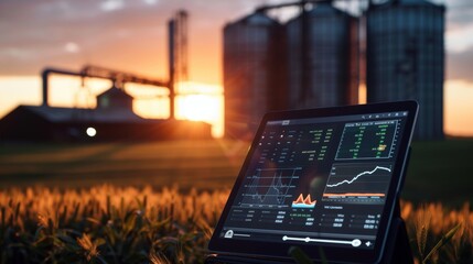 Sunrise Serenity Tablet Showing Realtime Agricultural Commodity Trading Platform with Grain Silo in Background