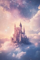 Naklejka premium Enchanted castle floating amidst the clouds, surrounded by shimmering stars in a pastel-hued sky, evoking a dreamy fairytale world