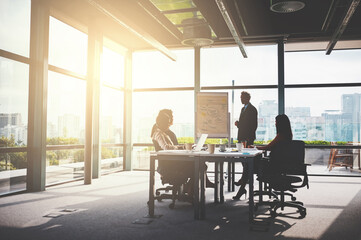 Business, people and meeting with presentation at boardroom for strategy and brainstorming. office, employees and planning with ideas for project with teamwork, collaboration and vision for growth