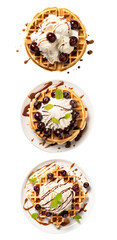 Delicious stacked waffles topped with ice cream, cherries, and chocolate sauce, perfect for desserts or sweet treats.