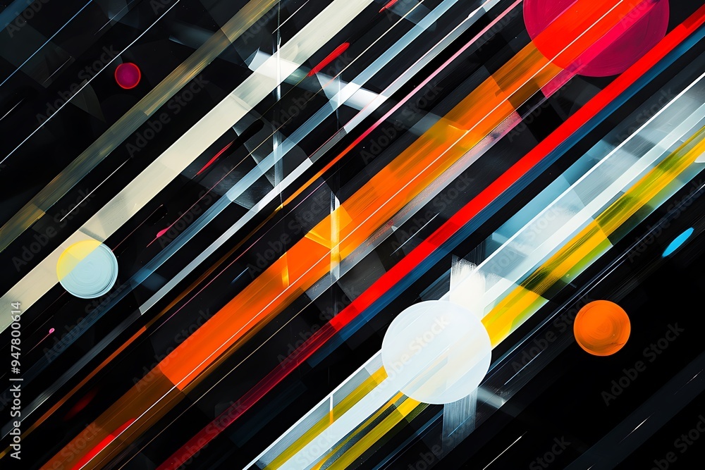 Wall mural minimalist abstract art featuring sharp diagonal lines and bright circles, creating a sense of energ
