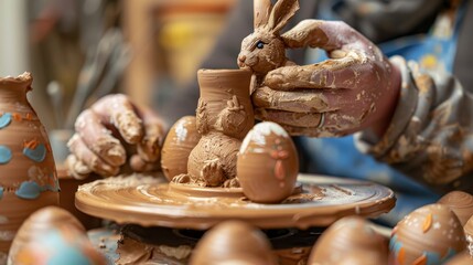 Artisanal Easter Pottery Handcrafted Egg Cups Bunny Figurines on Potter's Wheel