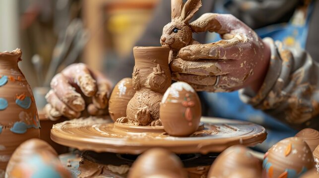 Artisanal Easter Pottery Handcrafted Egg Cups Bunny Figurines on Potter's Wheel