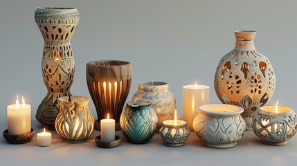 Highly detailed image of a model highlighting a selection of decorative candles and holders