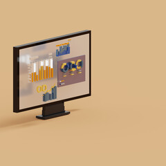 3D rendered Voxel Computer with Annual Data Charts Illustration