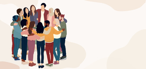Group of people in circle from diverse cultures hugging each other.Teamwork and cooperation.Community of friends or volunteers committed to social issues for peace and the environment