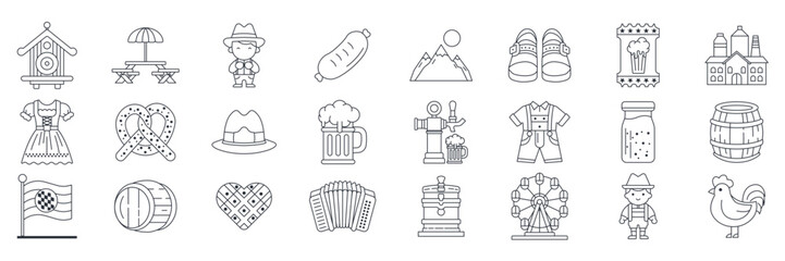 Oktoberfest icons set, Included icons as Accordion, Beer Barrel, Brewery, Dirndl Dress and more symbols collection, logo isolated vector illustration
