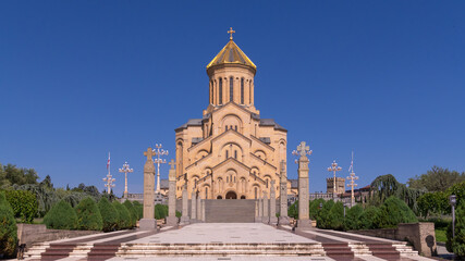 View of the Holy Trinity Cathedral or Tsminda Sameba on a sunny day, Tbilisi, Georgia.