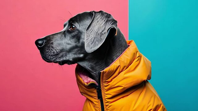 A black dog wearing an orange jacket poses against a pink and teal background.