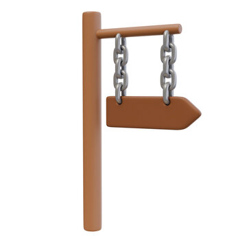 3d render illustration of signpost with arrow on a metal chain. Wooden signboard. Direction pointer, divarication guidepost. Isolated object