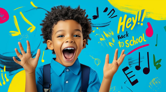 Excited Student Promoting New School Supplies in Vibrant Digital Ad Template for Back to School