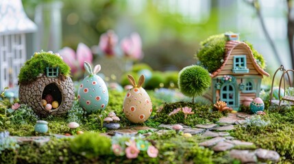 Enchanting Easter Fairy Garden Miniature Egg Houses Figurine Bunnies and MossCovered Paths Create a Magical Wonderland
