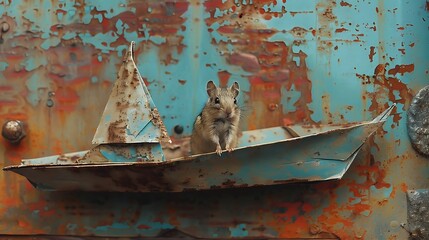 Blues paper yacht with attractive gerbil on a rust backdrop