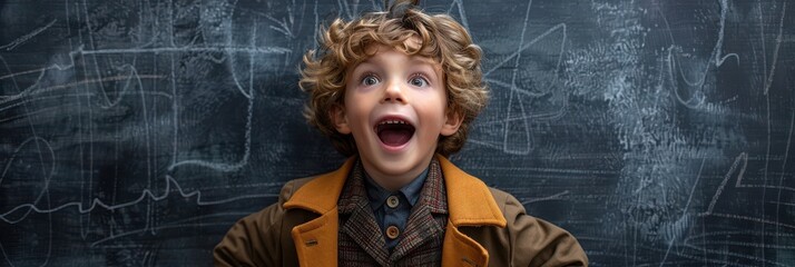 Smiling young schoolboy with curly hair in a classroom, standing in front of a chalkboard. Free copy space for text.