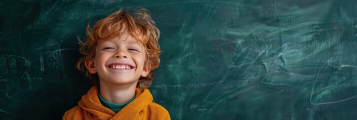 Smiling young schoolboy with curly hair in a classroom, standing in front of a chalkboard. Free copy space for text.