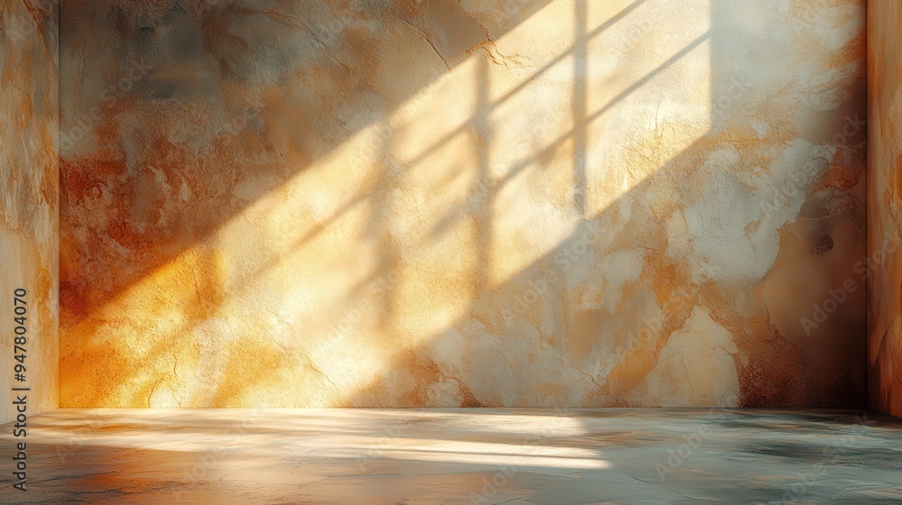 Poster 3d render abstract beige backgroun3d sunlight rays shining on the empty wall