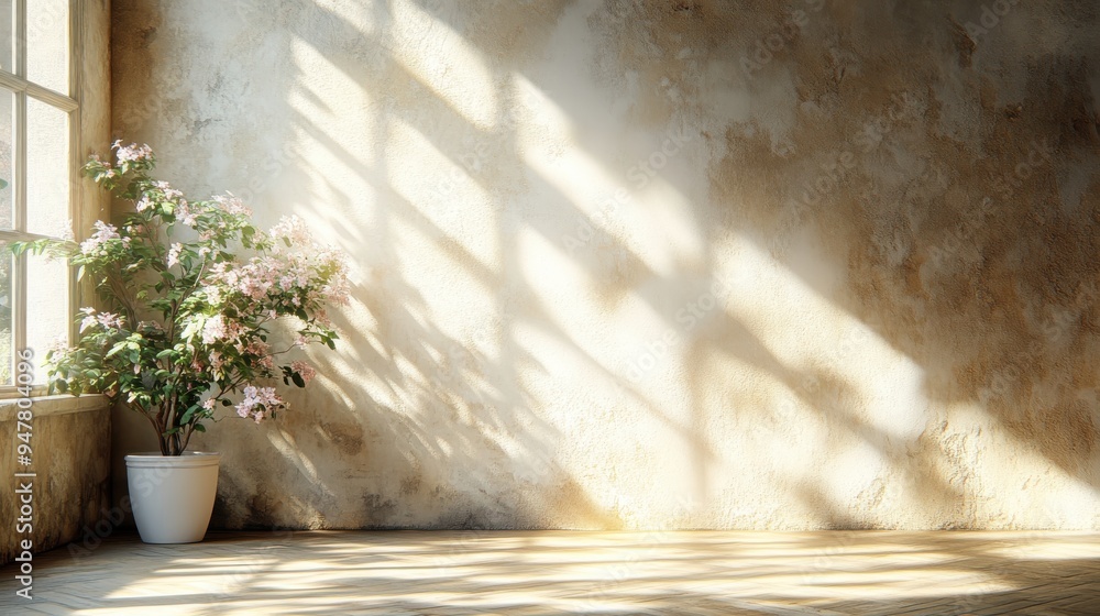 Aufkleber 3d render abstract beige backgroun3d sunlight rays shining on the empty wall