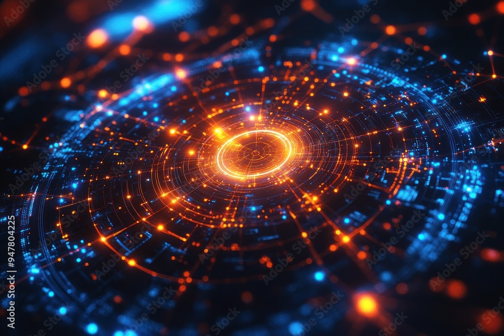 Poster Abstract Orange and Blue Lights with Circular Pattern