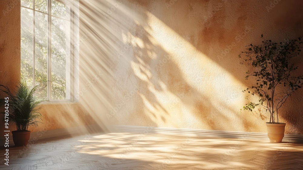Poster 3d render abstract beige backgroun3d sunlight rays shining on the empty wall