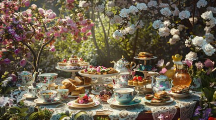 Fototapeta premium Blooming Garden Tea Party Elegant Easter Celebrations with Bone China Teacups and Delicate Finger Sandwiches