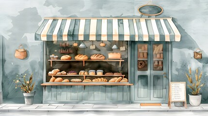 Minimalist Bakery Storefront: Striped Visor and Vintage Decor in Flat Style