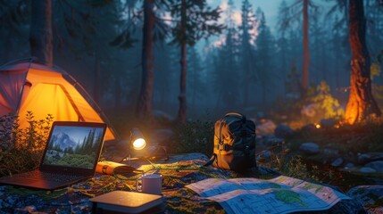 Nighttime Adventure Laptop Headlamp Camping Gear and Hiking Map for Thrilling Exploration Under the Stars