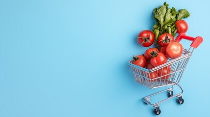 Fresh tomatoes and greens in a shopping cart against a vibrant blue background, symbolizing healthy eating and grocery shopping.